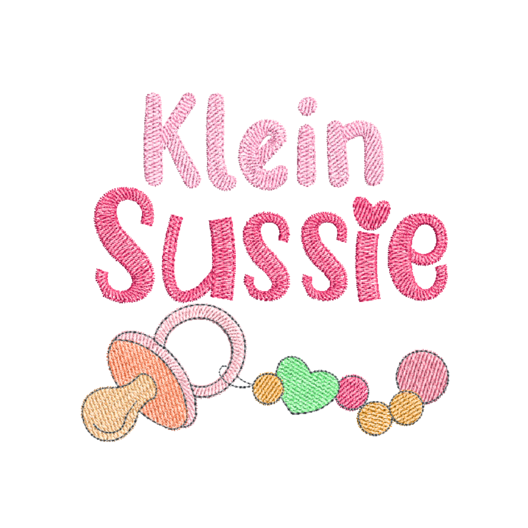 This is an image of a machine embroidery design for sale by Stitches & Strokes, featuring an Afrikaans "Klein Sussie" with pacifier and clip. This machine embroidery design is perfect for embroidery on baby shower gifts or newborn girls. Embroider on baby onesies, burp cloths, blankets, and accessories like travel bags.