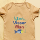 This is an image of a machine embroidery design featuring an Afrikaans Quote "Klein Visserman" for little boys and babies. This Afrikaans quote is embellished with a little colorful fish and a fishhook on a fishing line. 