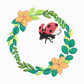 This is an image of a machine embroidery design by Stitches & Strokes, featuring a Ladybird in Flight with a beautiful flower and leaves wreath. This Ladybird machine embroidery pattern is available in 4 hoop sizes and is perfect for embroidery on t-shirts, tote bags, and home décor items such as scatter cushions.