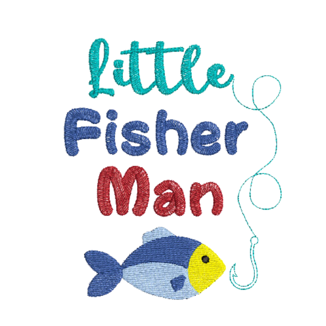 This is an image of a machine embroidery design featuring an adorable blue and yellow fish and a fishing hook with line, and the quote "Little Fisherman."