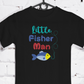 This is an image of a machine embroidery design featuring an adorable blue and yellow fish and a fishing hook with line, and the quote "Little Fisherman."