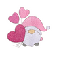 This is an image of a machine embroidery design featuring a little gnome with a pink hat and pink heart shaped balloons. This Gnome machine embroidery design can be used for embroidery on bags, t-shirts, accessories, and gifts for Valentine's Day.