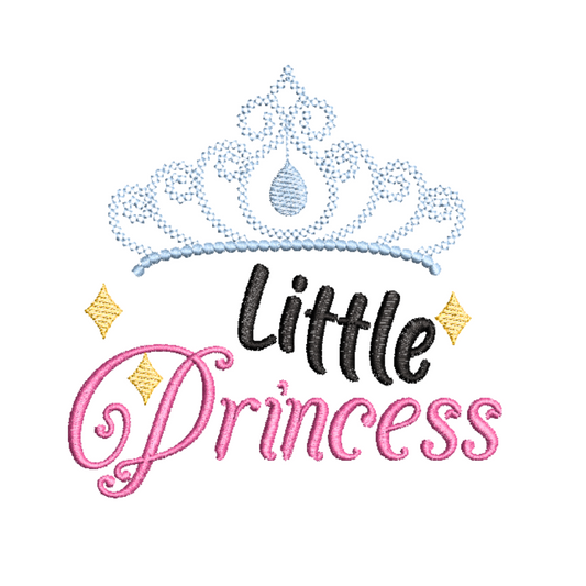 This is an image of a machine embroidery design by Stitches & Strokes featuring a Little Princess Quote with a delicate crown. This princess machine embroidery pattern is perfect for embroidery on baby onesies, girls' t-shirts, and baby burp cloths.
