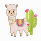 This is an image of a machine embroidery design by Stitches & Strokes, featuring a baby Llama with a Cactus plant with pink flowers. This Llama machine embroidery pattern is perfect for embroidery on baby onesies, burp cloths, and blankets, as well as kid's t-shirts.