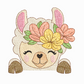 This is an image of a machine embroidery design by Stitches & Strokes, featuring an adorable Baby Llama peeping over a wall, with flowers in its hair. This Llama machine embroidery pattern is ideal for embroidery on baby shower gifts like baby onesies, burp cloths, blankets, and accessories.