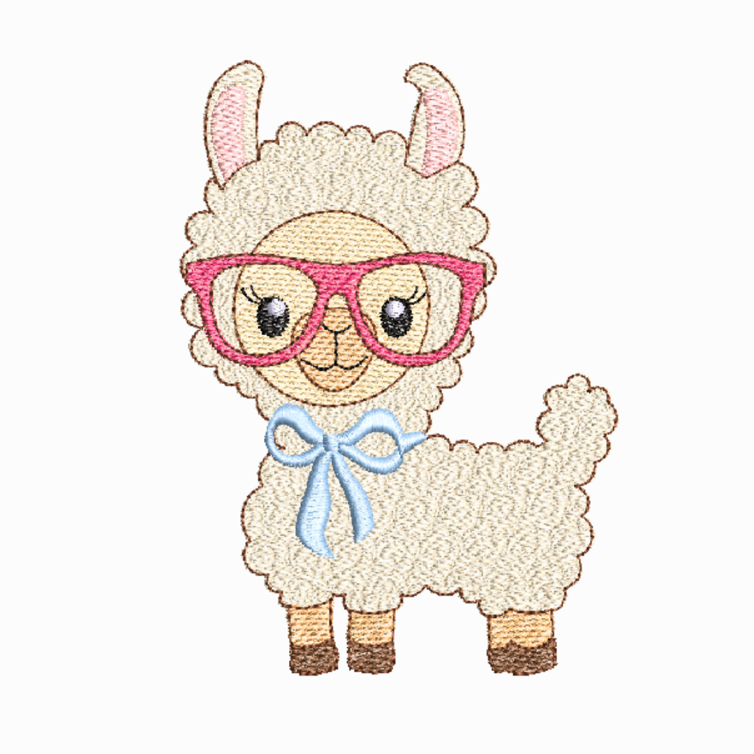 This is an image of a machine embroidery design (pattern) by Stitches & Strokes, featuring a fluffy baby Llama with Pink Sunglasses and a Blue Bow. This Baby Llama machine embroidery pattern is perfect baby shower gifts and embroidery on baby items like Burp Cloths, Blankets, and Onesies.