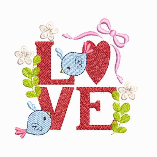 This is a machine embroidery design featuring a Love Sign with adorable blue birds, and is detailed with twigs, flowers and a pink bow. This machine embroidery design is perfect for embroidery on gifts for Valentine's Day.