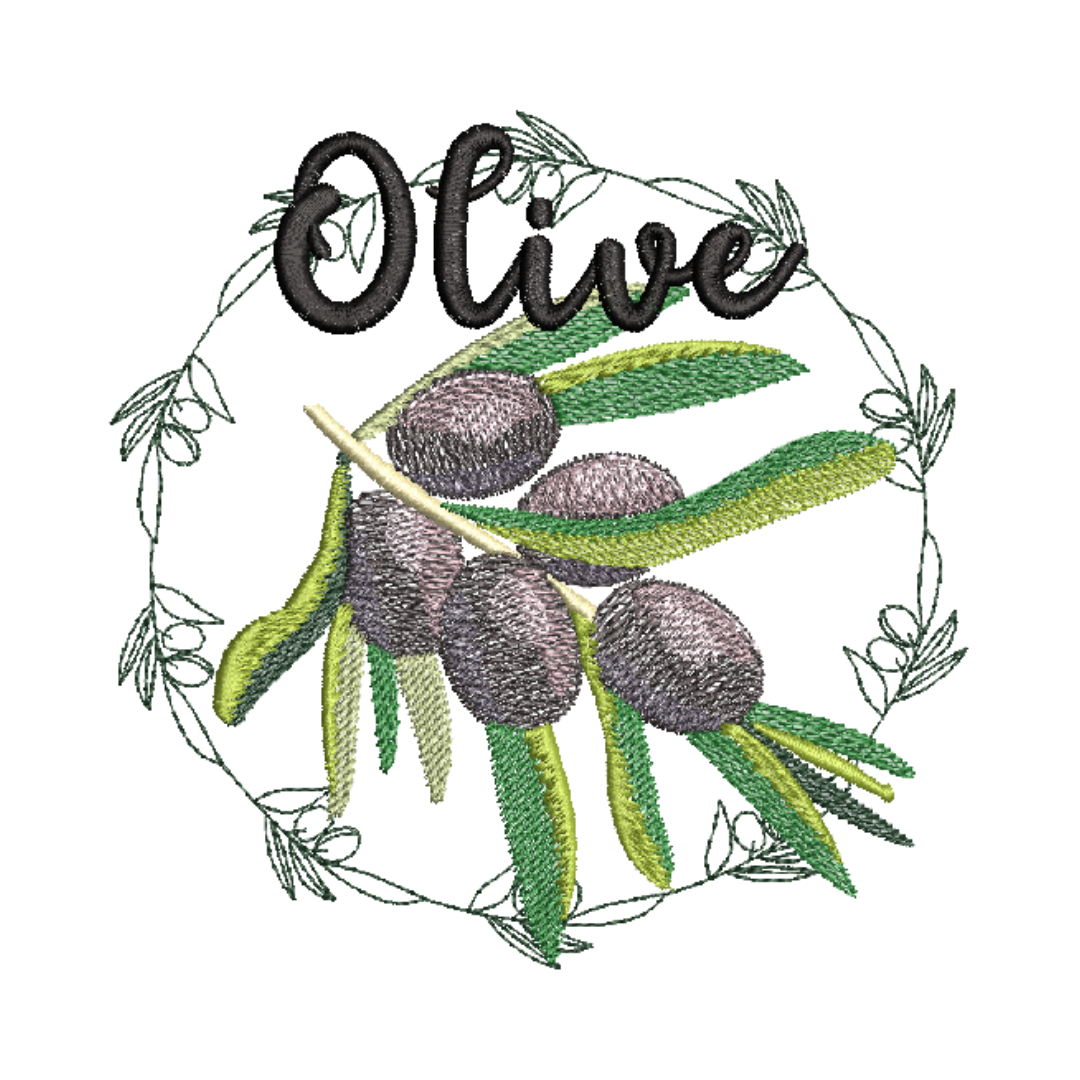 This is an image of a machine embroidery design by Stitches & Strokes, featuring an Olive Branch in an outline frame and the word Olive embroidered at the top. This detailed Olive Branch machine embroidery pattern is perfect for embroidery on kitchen items and gifts like Aprons, Oven Mittens, Dish Towels, and Tea Towels.