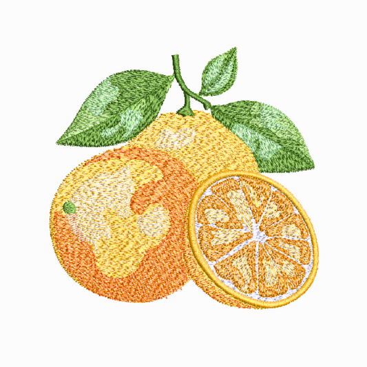 This is an image of a machine embroidery design (pattern) by Stitches & Strokes, featuring Oranges with green leaves. This Bright Orange  Machine Embroidery Pattern is perfect for embroidery on kitchen items like Aprons, Tea Towels, and Oven Mittens. 