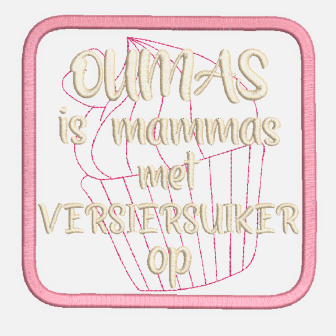 This is an image of a coaster machine embroidery design featuring the Afrikaans quote "Oumas is mammas met versiersuiker op." This coaster machine embroidery design is perfect for making coaster mother's day gifts for mom and grandma.