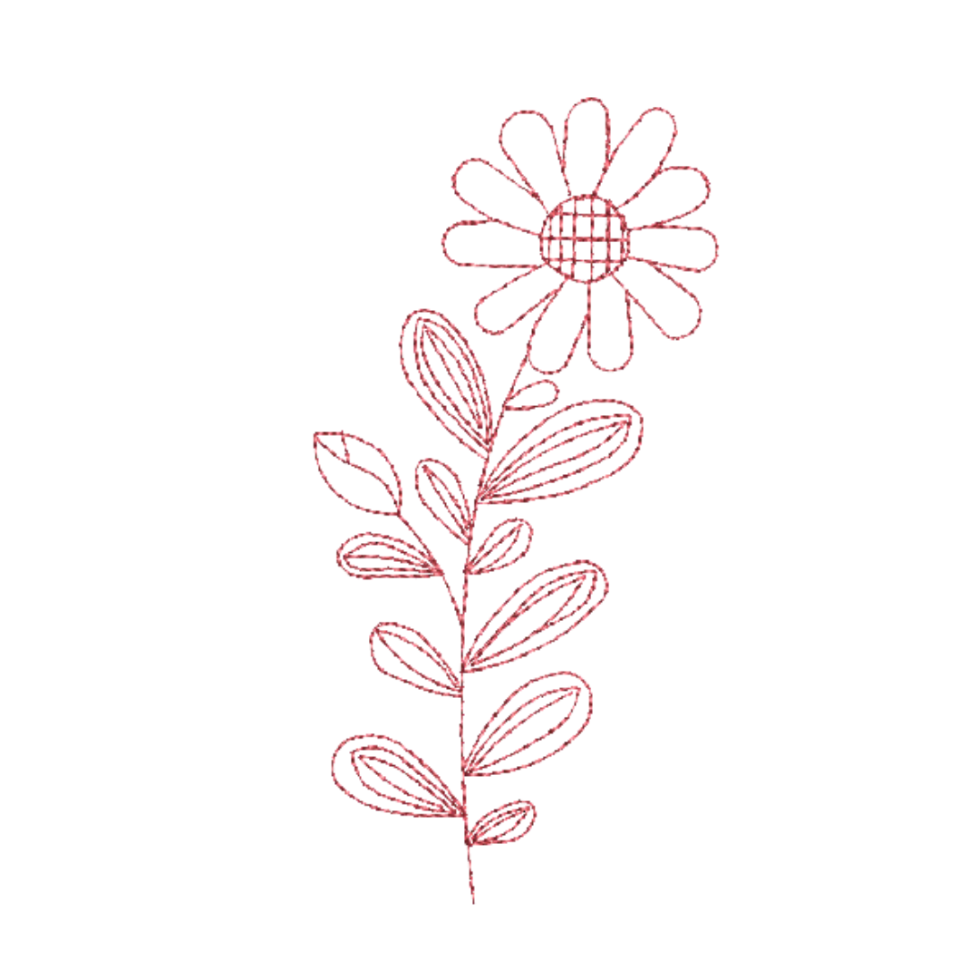 This is an image of a machine embroidery design featuring a single redwork flower. This redwork flower machine embroidery design is perfect for embroidery on blouses, t-shirts, and denim pockets. It will also look beautiful on tablecloths, tea towels, and aprons.