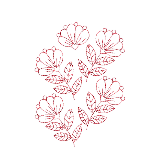 This is an image of a machine embroidery design featuring redwork flowers that is easy and quick to embroider. This flower outline machine embroidery design is perfect for denim, t-shirts, blouses, tablecloths, aprons, and more.