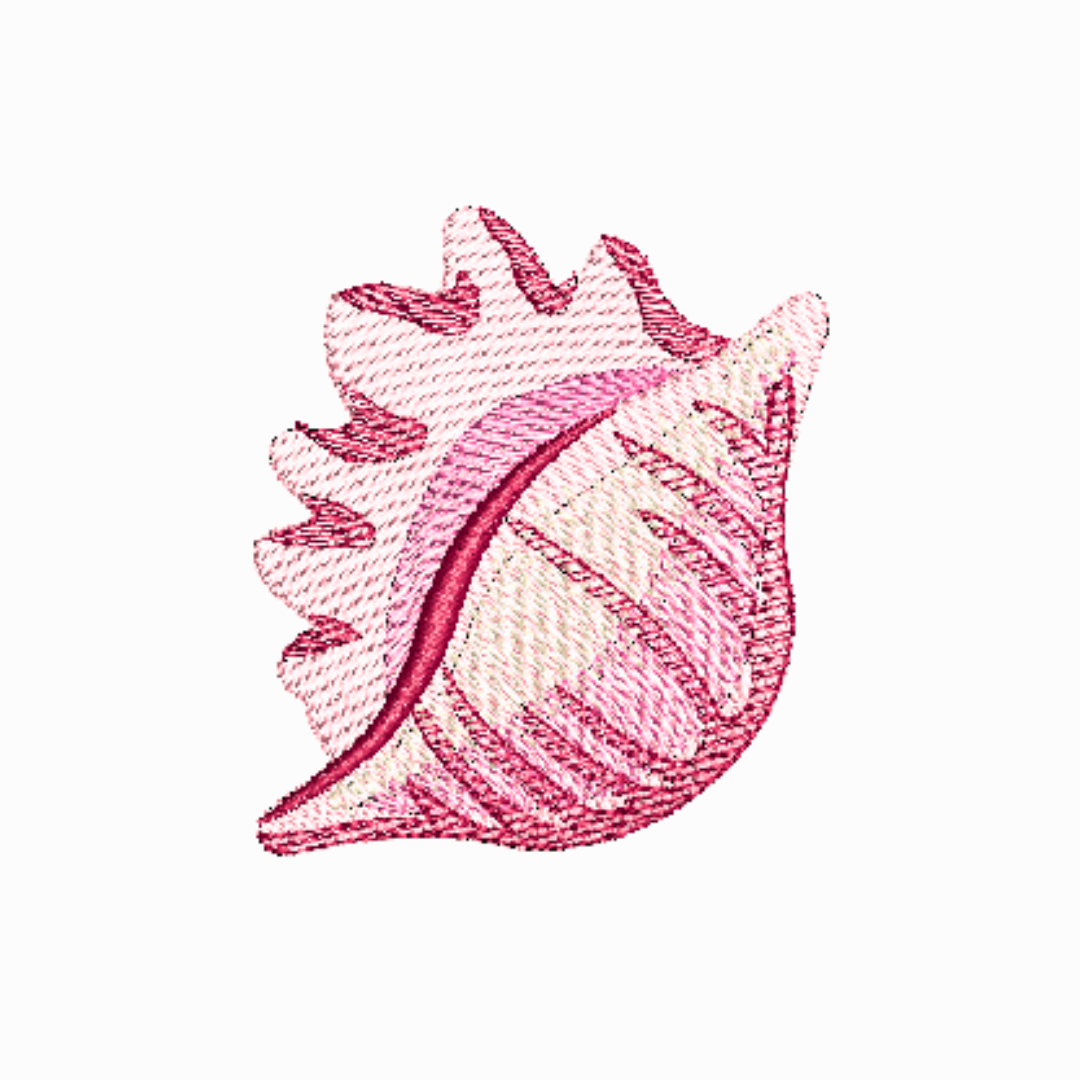 This is an image of a machine embroidery design (pattern) by Stitches & Strokes, featuring an easy-to-sew Pink Sea Shell, perfect for adding detail to home décor items bath towels and cushions, and accessories like tote bags and beach towels.