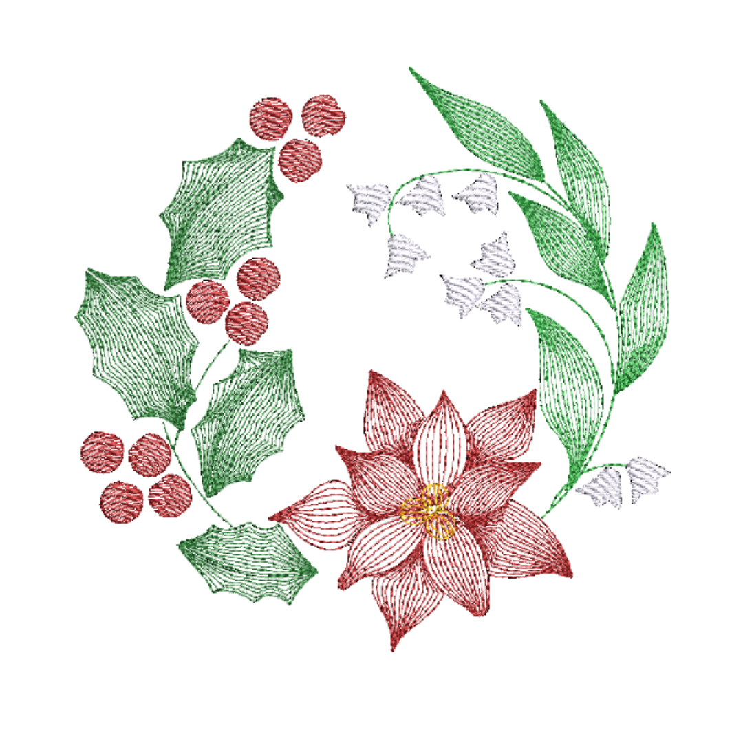 This is an image of a machine embroidery design by Stitches & Strokes, featuring a beautiful wreath consisting of a Poinsettia Flower, Holly Spray, and White Bell Flowers. This Christmas themed flower machine embroidery design is perfect for embroidery on Christmas Décor and Gifts.