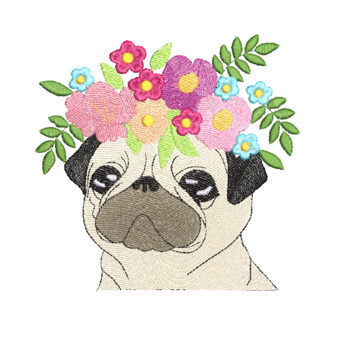 This is a machine embroidery design featuring a Pug dog with a flower bouquet on it's head. This Pug machine embroidery design is perfect for embroidery on denim, t-shirts, tote bags, and more.