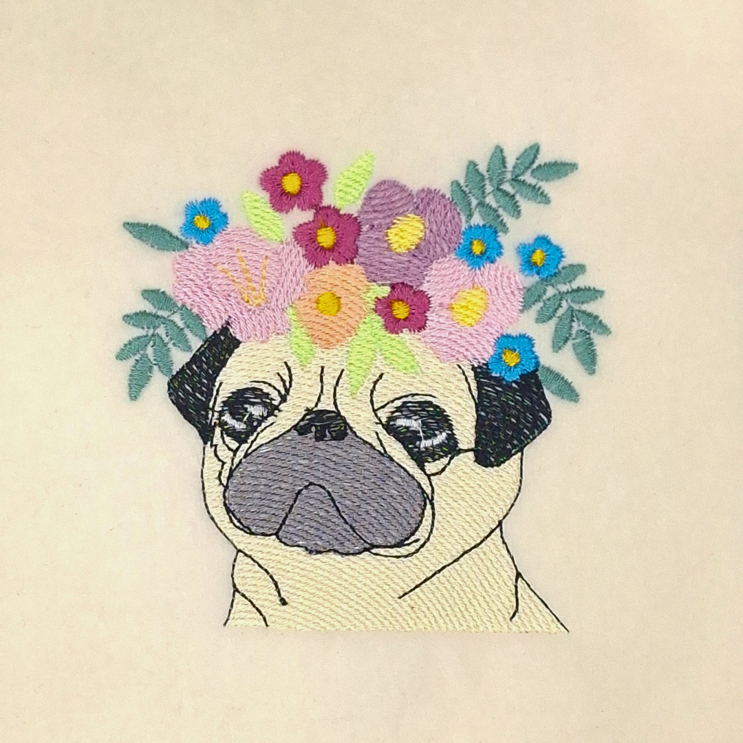 This is a machine embroidery design featuring a Pug dog with a flower bouquet on it's head. This Pug machine embroidery design is perfect for embroidery on denim, t-shirts, tote bags, and more.