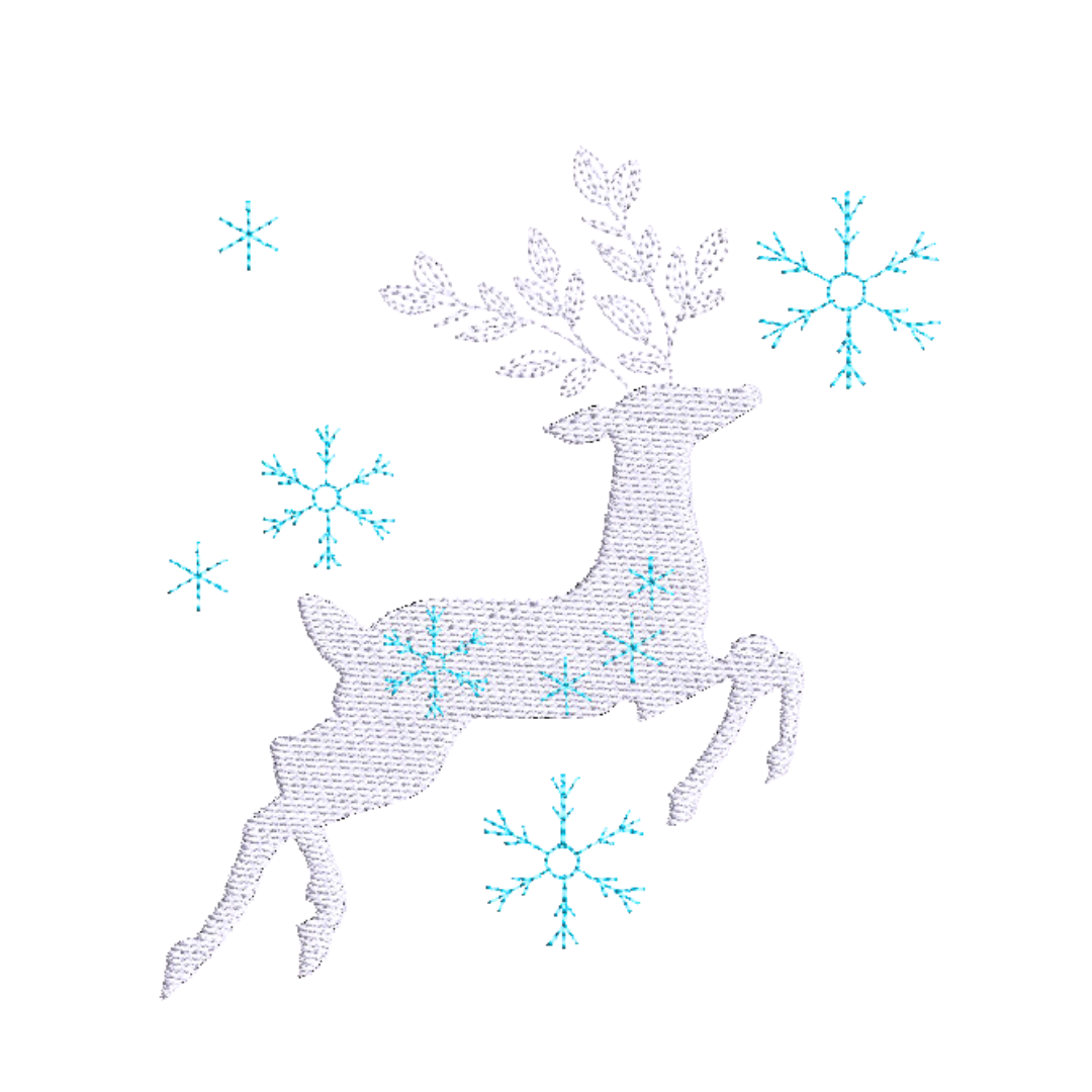 This is an image of a machine embroidery design by Stitches & Strokes, featuring a beautiful Christmas Reindeer with Snowflakes. This Reindeer and Snowflakes machine embroidery design is perfect for embroidery on Christmas decorations and gifts.