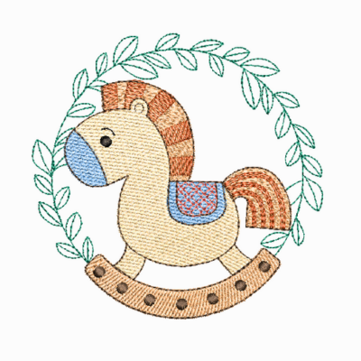 This is an image of machine embroidery design (pattern) by Stitches & Strokes, featuring a Rocking Horse Toy which is perfect for embroidery on baby shower gifts like baby onesies, burp cloths, and blankets.