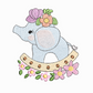 This is an image of a machine embroidery design (pattern) by Stitches & Strokes, featuring a rocking toy elephant adorned with flowers. This cute baby elephant toy machine embroidery pattern is perfect for adding a touch of cuteness to any elephant-themed baby shower gift, like baby onesies and burp cloths.