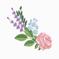 This is an image of a machine embroidery design by Stitches & Strokes, featuring a pink rose with green foliage, purple lavender flowers and blue flowers. This Rose Flower Bouquet Machine Embroidery Design faces in one direction, making it perfect for embroidery on one panel of a jacket or hoodie with a zipper. This design can also be mirrored so that the the design looks the same both panels of the garment.