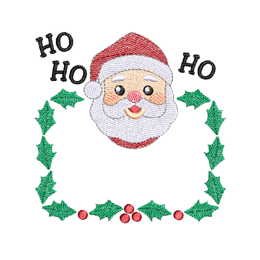 This is an image of a machine embroidery design by Stitches & Strokes, featuring a Cheerful Santa Clause face in a Holly leaf frame. This santa frame machine embroidery design is perfect for adding your own text like a special person's name on a gift.