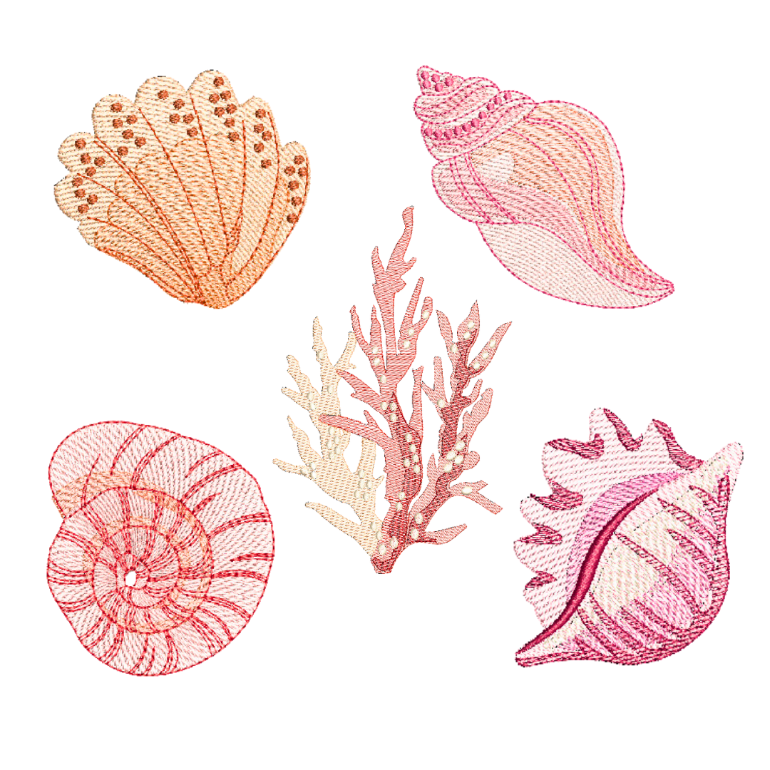 This is an image of a machine embroidery design bundle by Stitches & Strokes, featuring four different seashells and a sea coral design. This under the sea design bundle is perfect for embroidery on bath- and beach towels, and pillowcases for guest bedrooms.