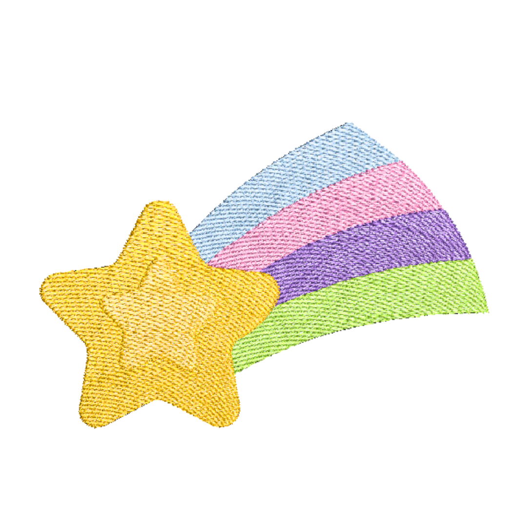 This is an image of a machine embroidery design featuring a bright yellow shooting star with a rainbow colored tail. This star machine embroidery design is a available in 4x4, 5x7, and 6x10 embroidery hoop. Make this machine embroidery design the star of your next baby shower gift project.