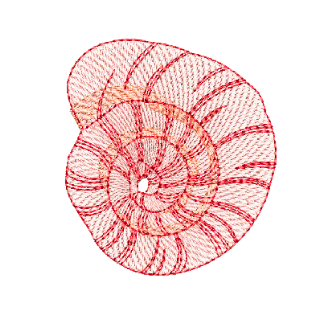 This is an image of a machine embroidery design by Stitches & Strokes, featuring a Pink Spiral Sea Shell. This Pink Sea Shell Machine Embroidery Design is perfect for embroidery on home décor like bath towels, and accessories like beach towels and tote bags.