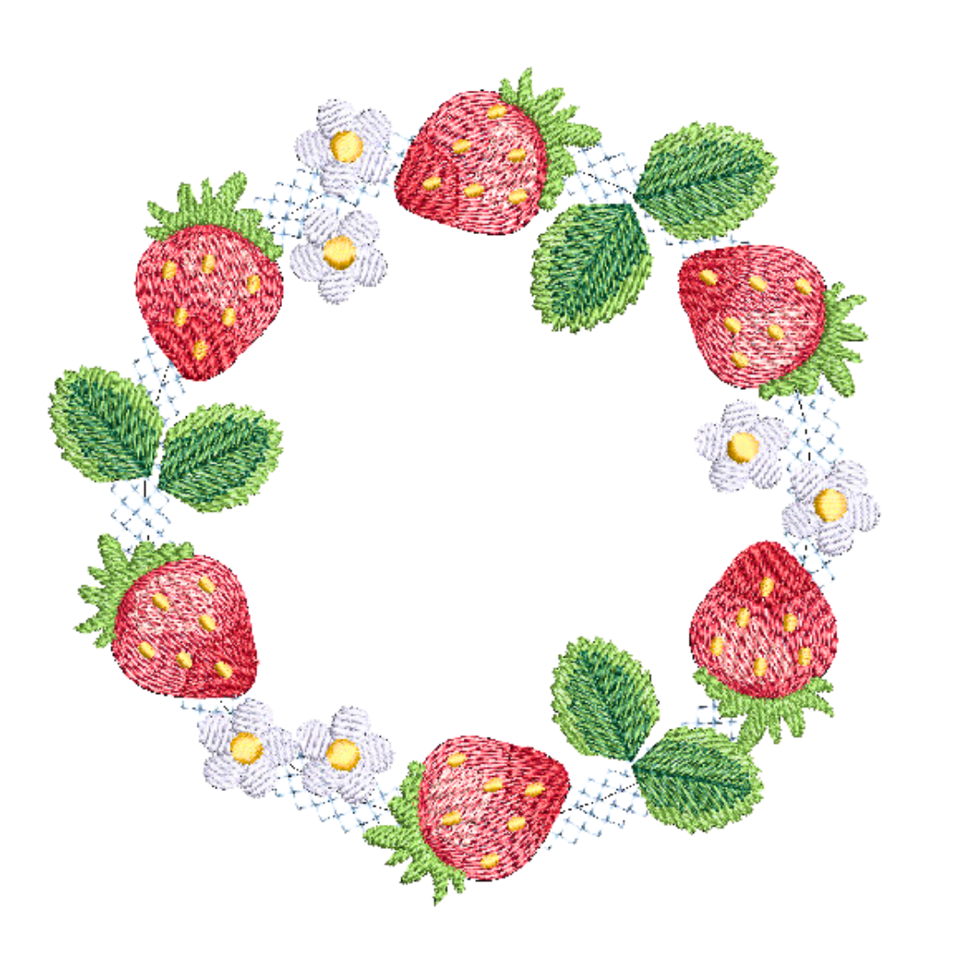 This is an image of a machine embroidery design featuring strawberries with green leaves and white flowers. This strawberry wreath machine embroidery design is suitable for embroidery on tea towels, aprons, tablecloths, girls dresses, and more.