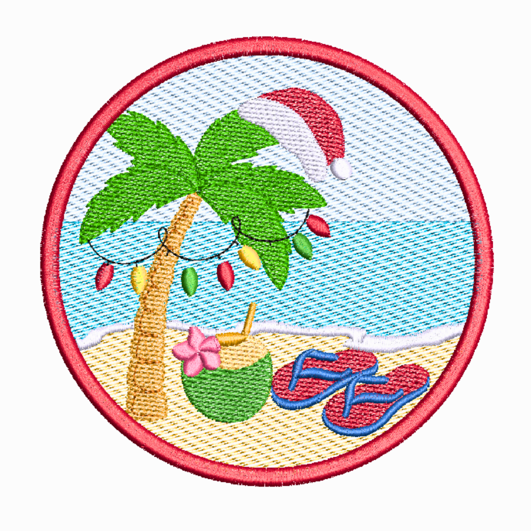 This is an image of a machine embroidery design by Stitches & Strokes, featuring a Summer Island Christmas theme with a palm tree, Santa Clause Hat, Christmas lights, and flip flops next to the blue waters of and island. This design is perfect for embroidery on Christmas gifts like Aprons. This summer island machine embroidery design can be made into a coaster.