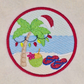 This is an image of a machine embroidery design by Stitches & Strokes, featuring a Summer Island Christmas theme with a palm tree, Santa Clause Hat, Christmas lights, and flip flops next to the blue waters of and island. This design is perfect for embroidery on Christmas gifts like Aprons. This summer island machine embroidery design can be made into a coaster.