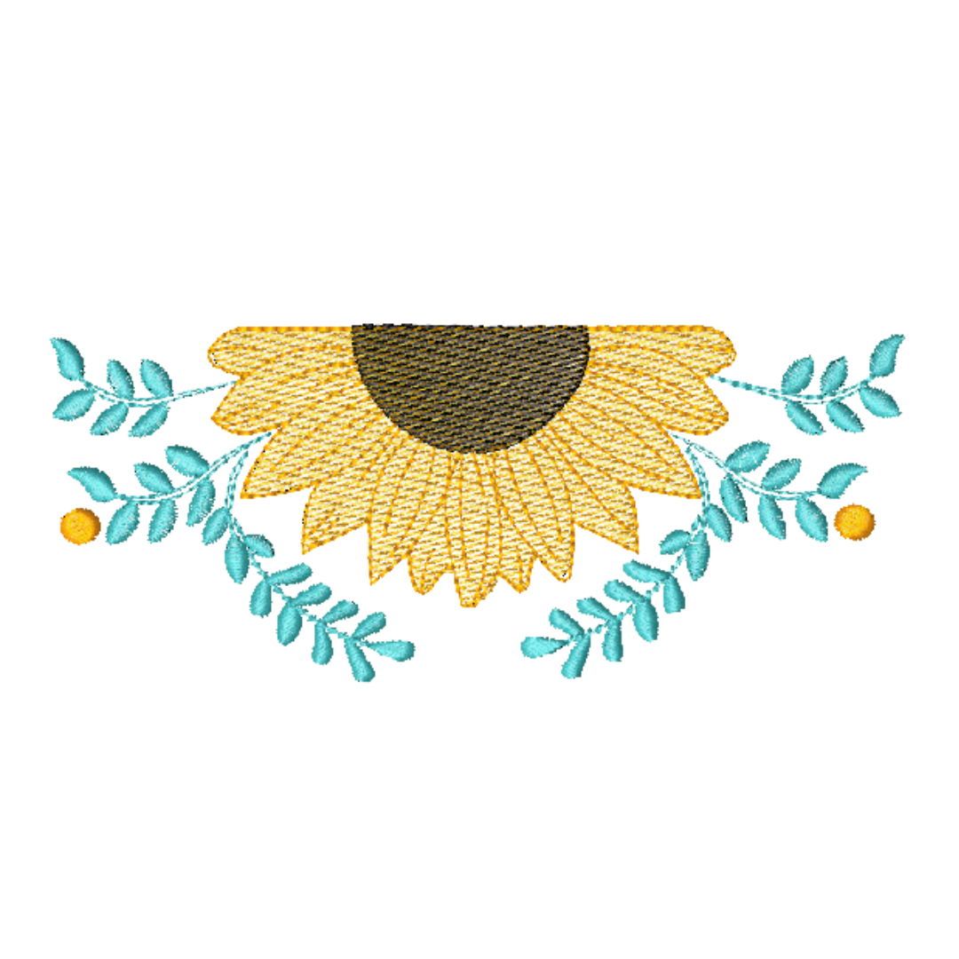 This is an image of a machine embroidery design by Stitches & Strokes, featuring a Sunflower Half Monogram. This Sunflower embroidery pattern is perfect for adding a little floral detail to t-shirts, hoodies, totes, travel bags, aprons, and more. 