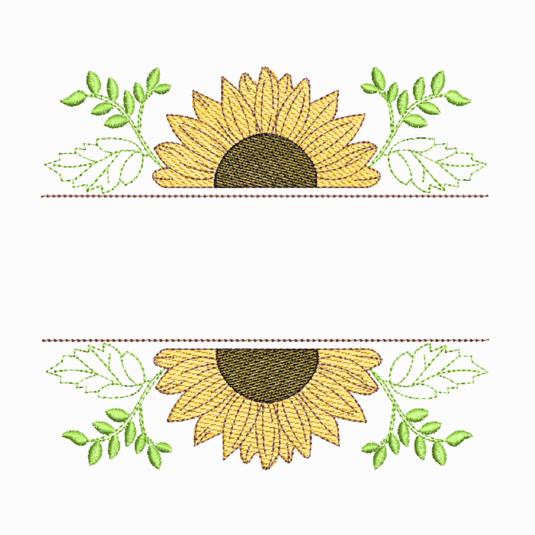 This is an image of a machine embroidery design by Stitches & Strokes, featuring a Sunflower Split Monogram which can be embroidered onto t-shirts, bags, and more. Names, sayings, and quotes can be added in the centre of this Sunflower Split Monogram Machine Embroidery Pattern.