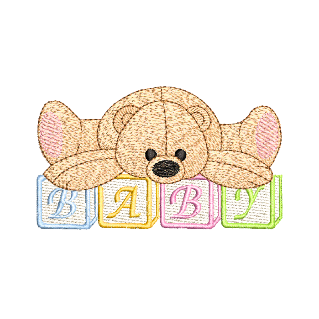 This is an image of a machine embroidery design by Stitches & Strokes, featuring a cute, soft teddy bear, lying on colorful building blocks spelling out the word "BABY". This teddy bear machine embroidery design is perfect for embroidering on baby shower gifts like baby burp cloths, blankets, bibs, and more.