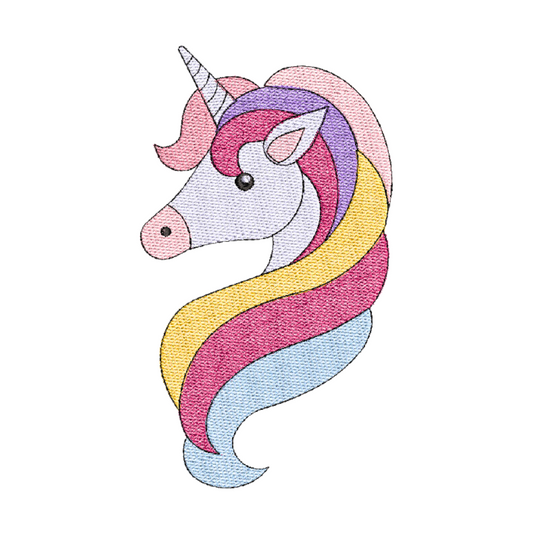 This is an image of a machine embroidery design featuring a colorful Unicorn in white, purple, blue and shades of pink. This easy machine embroidery design is perfect for embroidery on t-shirts for girls and will make great birthday gifts for girls who love fantasy, fairies, and unicorns.