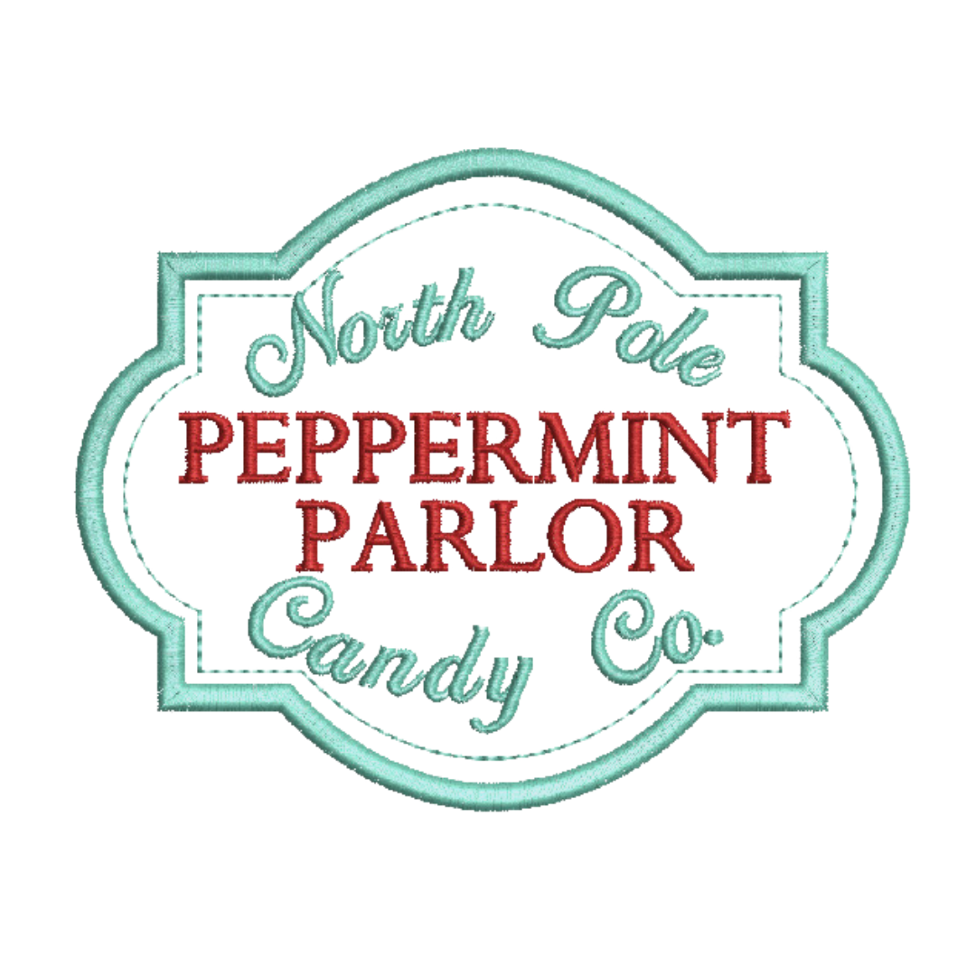 This is an image of a machine embroidery design by Stitches & Strokes, featuring a Vintage Peppermint Parlor Candy Shop Sign. This Candy shop sign machine embroidery pattern is perfect for embroidery on Christmas Décor and Gifts.