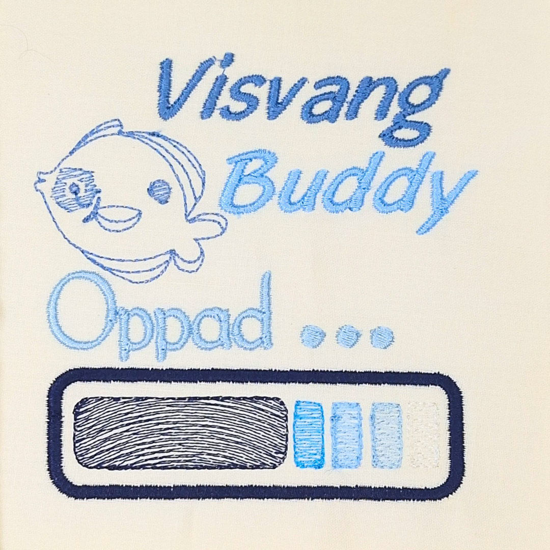 This is an image of a machine embroidery design featuring the quote "Visvang Buddy Oppad" with a cute little fish and a loading battery.