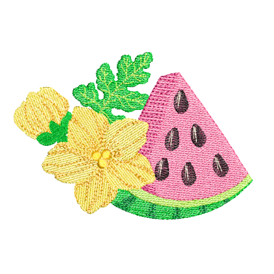 This is an image of a machine embroidery design from Stitches & Strokes, featuring a watermelon with a watermelon bloom. This watermelon machine embroidery design is perfect for embroidery on kitchen towels, beach towels, and tote bags.