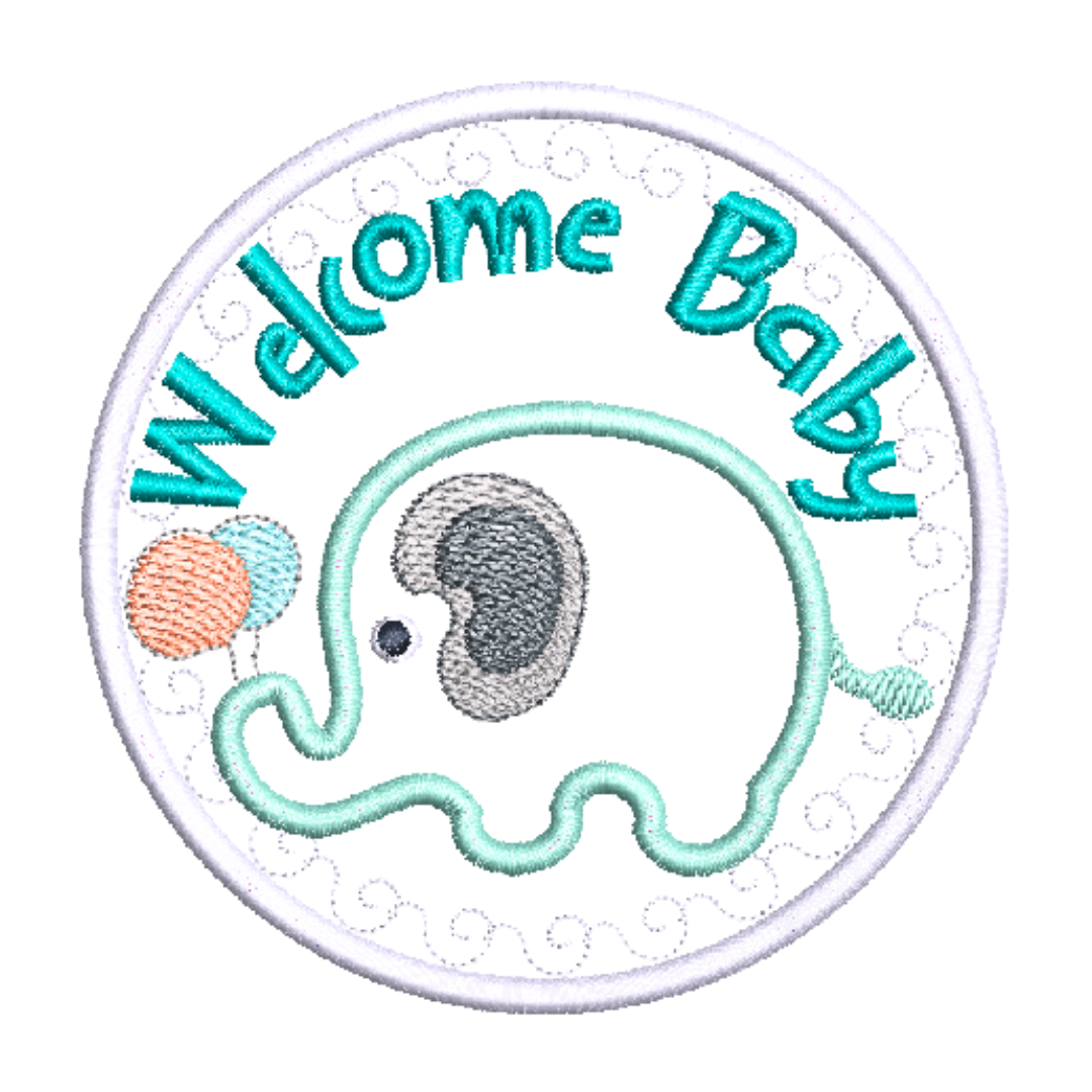 This is an image of a machine embroidery Applique Design from Stitches & Strokes, featuring an applique elephant with the words "Welcome Baby" This applique design is perfect for crafting gifts for newborn babies and baby showers.