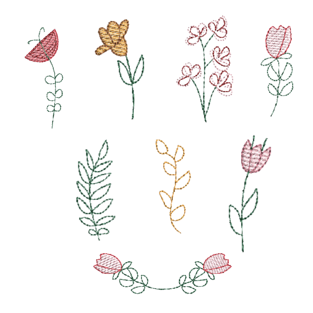 This is an image of a machine embroidery design bundle by Stitches & Strokes. This machine embroidery design bundle consists of 8 designs of two sizes each. This Wild Flower Machine Embroidery Pattern is perfect for embroidery on clothing, shoes, accessories, and  more.