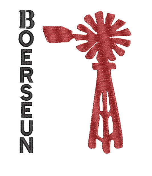 This is an image of a machine embroidery design featuring the Quote: "Boerseun with the silhouette image of a windmill. Embroider this "Boerseun" machine embroidery design on baby onesies, and t-shirts for boys and men,