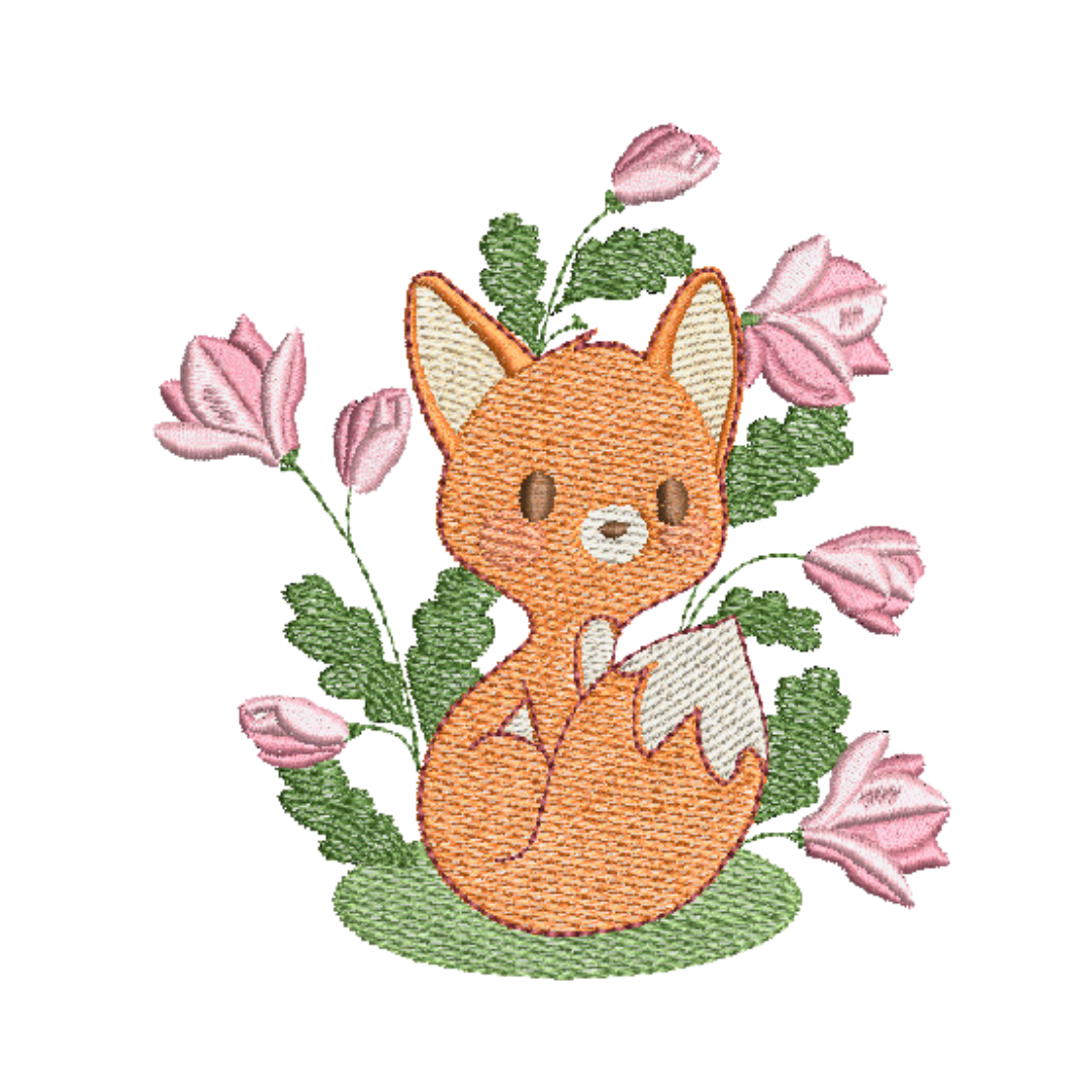 This is an image of a machine embroidery design by Stitches & Strokes, featuring a cute baby fox, surrounded by delicate magnolia flowers. This adorable baby woodland fox machine embroidery design is available in 4x4, and 5x7 hoop sizes. 