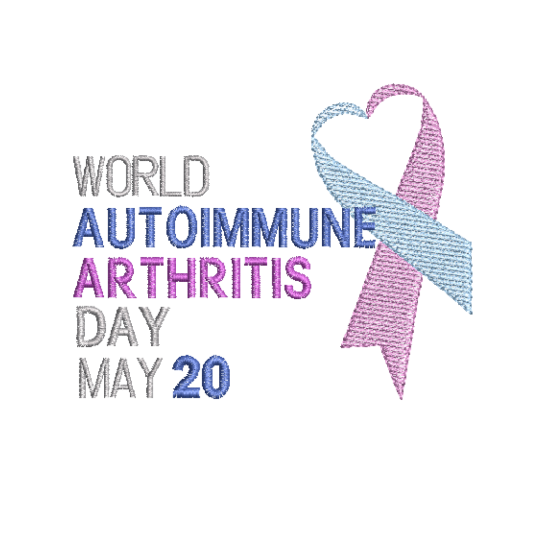 This is an image of a machine embroidery design by Stitches & Strokes featuring a World Autoimmune Arthritis Day May 20, Awareness Bow and font. This Autoimmunity Arthritis Day Awareness Design can be embroidered on T-shirts, Jackets, flags, accessories, and more. 