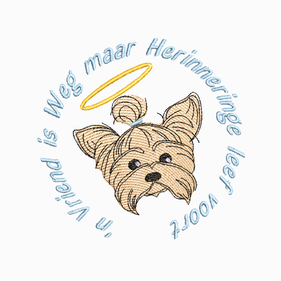 Yorkshire Terrier Angel with Afrikaans Herinneringe Quote Machine Embroidery Design