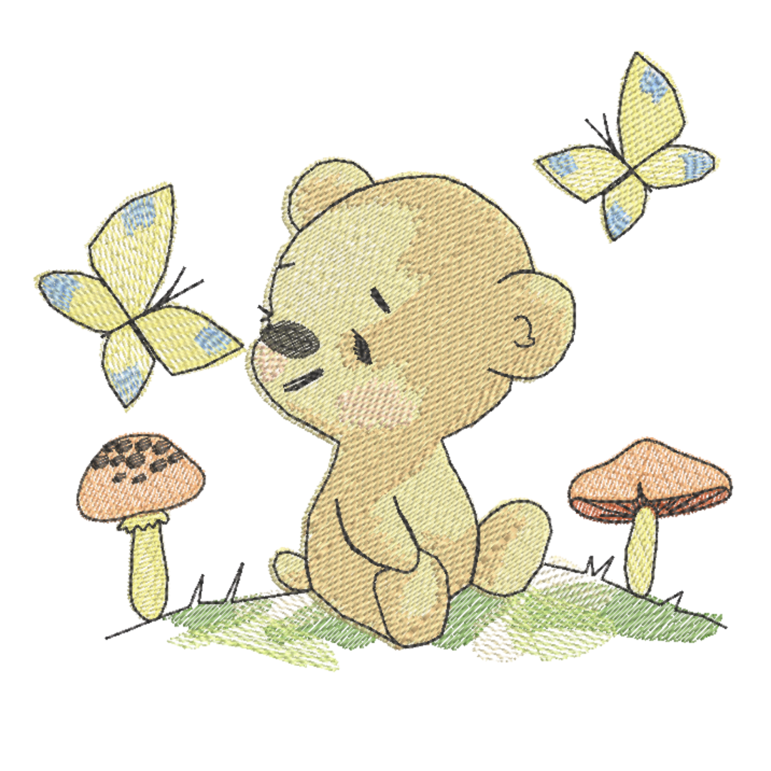 This is an image of a machine embroidery design featuring a baby bear sitting in the field with mushrooms and watching butterflies fluttering by. This baby bear and butterfly machine embroidery design is perfect for embroidery on baby items and gifts like baby blankets, bibs, burp cloths, and more.