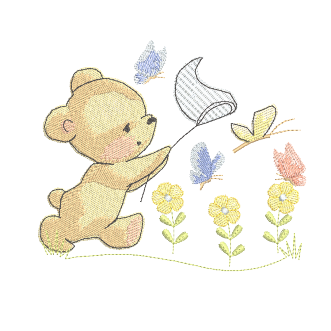 This is an image of a machine embroidery design featuring a baby bear chasing butterflies with a net in a field of adorable flowers. This baby bear machine embroidery design is perfect for embroidery on baby items and gifts like blankets, towels, burp cloths, and more.