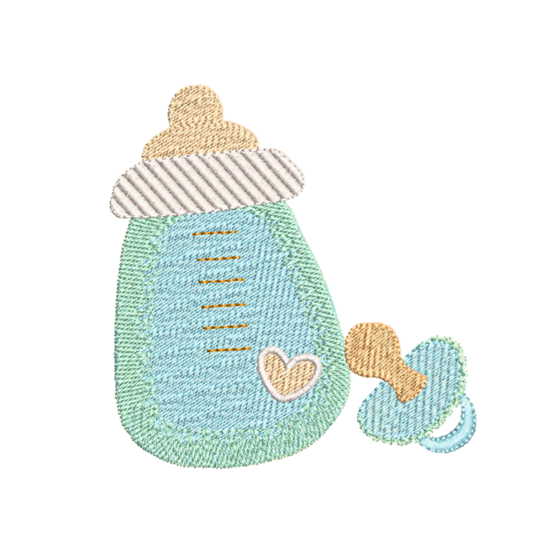 This is an image of a blue baby bottle with a heart and blue baby pacifier machine embroidery design.