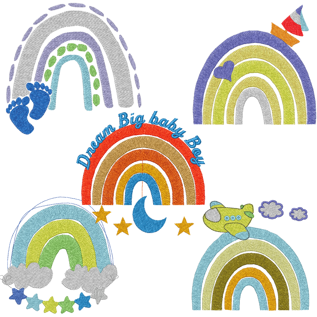 This is an image of a set of 5(five) bohemian style rainbow machine embroidery designs featuring baby feet, baby boat, stars and an airplane. 