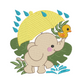 This is an image of a machine embroidery design featuring a baby elephant with a duckling friend walking with an umbrella in the rain. This adorable baby elephant machine embroidery design is perfect for baby shower gifts and embroidery on baby onesies, bibs, and burp cloths.