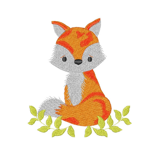 This is an image of a machine embroidery design featuring a baby woodland fox. This woodland fox in it's orange and white colors is fitting for any woodland themed sewing project, and will make adorable baby shower gifts.